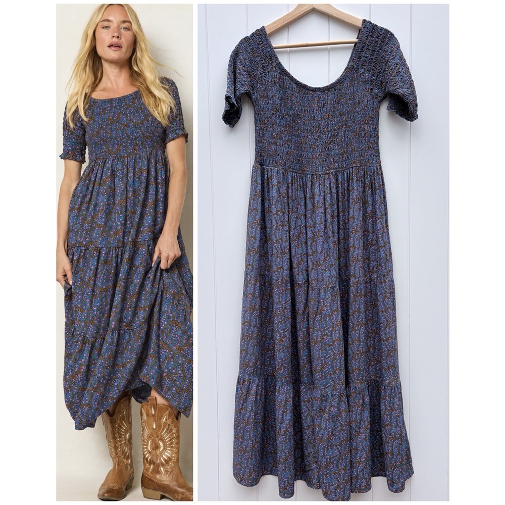 Natural Life Daisy Maxi Dress L/XL Floral Tiered Smocked Blue Pink Boho Cottage